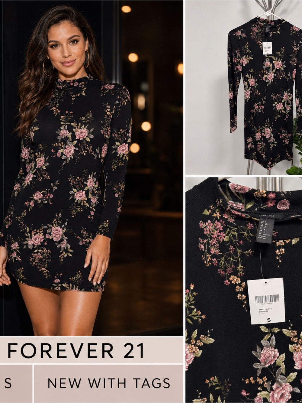 Forever 21 Black Floral Mock Neck Long Sleeve Mini Dress - Pink